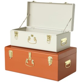 Vixdonos Decorative Large Metal Box Storage Trunk Chest Set of 2 College Dorm Organizer with Hardware Hasps and Handle for Home Deocr,23.7X14.2X9.5 Inches(Beige and Orange)