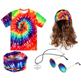 Norme 5 Pieces Mardi Carnival Hippie Costume for Men Women 70s Tie Dye T-Shirt Peace Sign Necklace Headband Wig Sunglass(Classic, L-Kid)