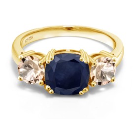 Gem Stone King 18K Platinum Plated Silver Blue Sapphire and Peach Morganite 3 Stone Engagement Ring For Women (3.62 Cttw, Gemstone September Birthstone, Cushion 8MM, Size 9)