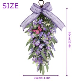 Jusdreen Artificial Teardrop Flowers with LED Lights, Faux Lavender Flowers Swag with Butterfly, Teardrop Flowers Wreath for Front Door Decor Home Windows Wall Farmhouse Wedding Party