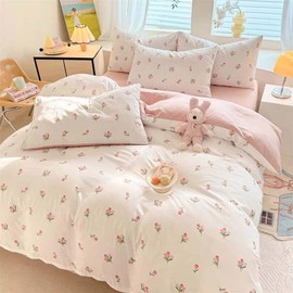Nyescasa Bed Linen 135 x 200 cm White Pink Tulips Duvet Cover Girls Children Soft Microfibre Floral Pattern Reversible Bedding Set with Zip and Pillowcase 80 x 80 cm