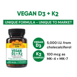 Country Life Country Life Vegan D3 + K2 – 5000 IU Vitamin D3 & 100 mcg MK-4 & MK-7 | Supports Bone, Immune, Colon & Artery Health | Certified Vegan, Gluten-Free, B-Corp, 60 Capsules