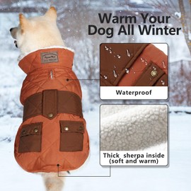 KYEESE Dog Coats Warm Windproof Waterproof Dog Jacket Padded Sherpa with Leash Hole for Small Dogs Winter Turtleneck Cold Weather Coats, Brown, L