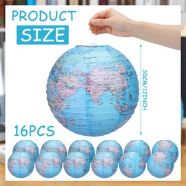 Bencailor 16 Pcs Word Map Paper Lanterns 12 Inch Around The World Paper Globes Lanterns Earth Day Decorations Planet Lanterns for Travel Theme Party Classroom Supplies(Blue)