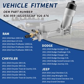 926-959 Aluminum engine oil cooler oil filter housing with sensor, suitable for Jeep Grand Cherokee Wrangler 2011-2016 Chrysler 200 300, Dodge Charger Challenger Ram150025003500 V6 3.6L 68105583AF