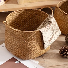 Kichvoe Rattan Storage Boxes With Handles - Cane Seagrass Plant Basket, Woven Wicker Straw Organizer for Clothes, Rustic Home Decor