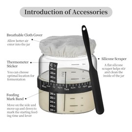 Sourdough Starter Jar 2Pack，Wood Sealed Lid with Automatic Exhaust,35OZ with Ounce Scale Line,Date Marked Feeding Band, Thermometer, Sourdough Jar Scraper,Wide Mouth for Sourdough Bread Baking