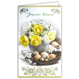 Happy Easter Card Spring Flowers Bouquet Yellow Tulips Daffodils Narcissus Egg Nest Comes with Envelope Size 12 x 19.5 cm FSC Ecolabel Paper Sustainable Management Forests Made in Europe 12-6013