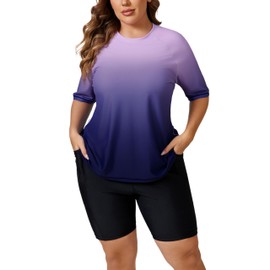 Halcurt Women Sun Protection Swim Set Two Piece Short Sleeve Swimsuit Rash Guard With Built In Bra Purple 3X