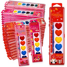 Watersay 24 Packs Valentines Heart Watercolor Paint Set for Kids 8 Washable Colors with Brushes Water Color Painting Kit for Preschool Classroom Party Favor Valentines Gifts Painting Kit