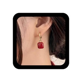 Inilbran Boho Coral Earrings Red Coral Square Dangle Earrings Vintage Coral Gemstone Hoop Earrings Geometric Square Coral Stone Earrings Jewellery for Women and Girls