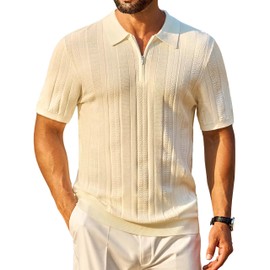 Cotrasen Mens Knit Polo Shirts Short Sleeve Zipper Polo Shirts Casual Lightweight Textured Golf Shirts Streetwear Light Khaki L