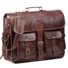 18 Inches Leather laptop bag for men Genuine leather briefcase bag for men Vintage Look leather messenger bag for men (Dark Brown)