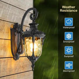 Outdoor Wall Lights, Waterproof Aluminum Porch Wall Light for Outside House, Patio, Yard, Garden, Black Gooseneck Exterior Wall Sconce, Hardwired Outdoor Acorn Shape Lantern, Water Ripple Glass, 2pack