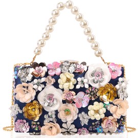 DEXMAY Women's Elegant Floral Beaded Evening Clutch Purse with Dual Detachable Straps,3D Flowers Handbag for Wedding,Party,Prom,Navy Blue