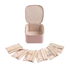 Frebeauty Small Travel Jewelry Box,Travel Jewelry Case with 6 Pouch Bags,Portable Travel Jewelry Organizer,Mini Jewelry Storage,3.35 x 4.9 x 4.8 Inches,Gift Idea for Women Girls(Pink)