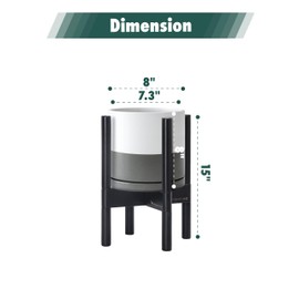 D'vine Dev Ceramic Planter with Ebony Stand - 8 Inch Modern Round Flower Pot with Wood Planter Holder, White/Grey, 55-B-M-6