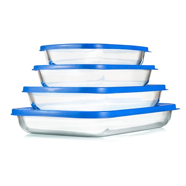 NutriChef 4 Sets Glass Bakeware - High Borosilicate Rectangular Glass Baking Dish w/Blue BPA-Free PE Lids, Freezer-to-Oven Home Kitchen Bake Casserole Food Storage Stackable Tray Pan, Dishwasher Safe