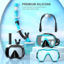 EMSINA E8 Freedom HD Dry Snorkel Set,Panoramic Wide View,Anti-Fog Scuba Diving Mask,Professional Snorkeling Gear(SkyblueBlackX2)