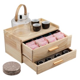 Tea Organizers and Storage Box with Drawer Tea Station Organizer for Countertop with 8 Compartments Pine Wood Tea Bag Organizer with Drawer Teabag Holder with 4 Cotton Woven Coasters（Wood02）