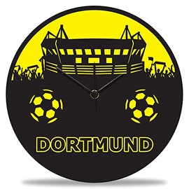 GRAVURZEILE Wall Clock Wooden Vereinsliebe Dortmund - 100% Silent No Ticking Absolutely Silent - 30 cm Diameter - Design Wall Clocks for Living Room Bedroom & Kitchen Colour Dortmund V3