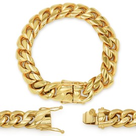 BEBERLINI Cuban Link Bracelet 14K Gold Plated Curb Chain 9" Stainless Steel Fashion Jewelry For Men 18 mm