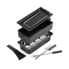 Swissmar Tandem Candle Fondue & Raclette Set - Portable 2-in-1 Tabletop Fondue Pot with Raclette Dish, Forks, Spatula & Tealight Candles