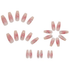 Set of 24 Nail Tips, Light Up Rhinestones, Medium Length Fake Nails for Take Pictures, Weddings, Coming-of-age Ceremonies, Parties, After-parties, Pearls, Rhinestones
