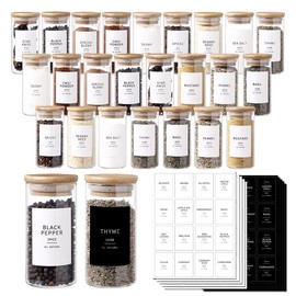 CZZGSM 24 Pcs Glass Jars With 296 Spice Labels Preprinted of White and Black Color- 4oz Thicken(2.4mm) Empty Small Herb Seasoning Containers With Bamboo Airtight Lids