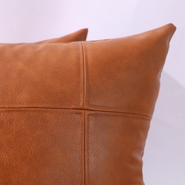 MANDIOO Set of 2 Classic Plaid Faux Leather Decorative Throw Pillow Covers,Hand Stitched Modern Luxury Vegan Outdoor Cushion Cases Pillowcases for Couch Sofa Bed Farmhouse 26x26 Inches Brown
