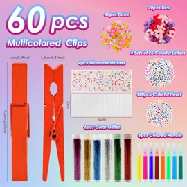 testyu Pack of 60 Wooden Clothes Pegs Large Cheerleader Pins Motivational Clips with Mini Resin Ducks, Bows, Letters & Hearts for Cheerleader Backpacks, Team Events & School Gifts (Colourful)