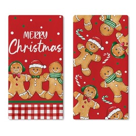 Croar Merry Christmas Gingerbread Man Red Kitchen Dish Towels Set of 2, Xmas Candy Cane Buffalo Plaid Drying Hand Towel Baking Cooking Cloth, Winter Holiday Bathroom Home Decoration 18 x 26 Inches