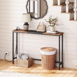 HOOBRO Narrow Console Table with Power Outlets, 44.9-Inch Sofa Table, Slim Behind Couch Table, Entryway Display Shelf, for Living Room, Foyer, Hallway, Rustic Brown and Black BF114UXG01