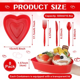 Newtay 8 Sets Valentine's Day Heart Shaped Storage Containers 17 oz Plastic Heart Box with Lids Food Containers Dessert Cups Disposable Spoons Forks Knives for Party Wedding Supplies