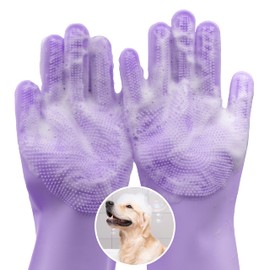 Maiiu Pet Grooming Gloves—Heat Resistant Dog Washing Gloves with High-Density Teeth, Dog Bath Scrubber with Enhanced Five Finger Design, Silicone Gloves for Dogs and Cats Bathing, Massage (Purple)