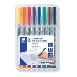 STAEDTLER Universalstift Lumocolor non-permanent, breite Keilspitze ca. 1,0 - 2,5 mm, feucht abwischbar, für fast alle Oberflächen, 8 Folienstifte in sortierten Farben, 312 WP8