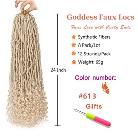 Stephanie 24 Inch Goddess Faux Locs Crochet Braids With Curly Ends 8 Pack Soft New Faux Locs Hair Natural Black Pre Looped Synthetic Crochet Braiding Hair for Women (613#, 24 inch)