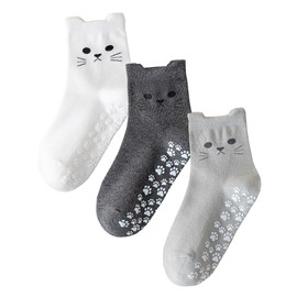 Mokde Mondge Cute Pilates Socks for Women Non Slip Grip Sock With Cat Paw for Yoga,Barre,Hospital,Barefoot,Workouts,Fitness, 3 Pairs White+dark Grey+light Grey, 5-9.5