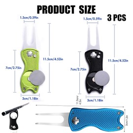 JYNARIX 3 PCS Golf Divot Repair Tool, Pitch Mark Repair Tool, Metal Foldable Golf Divot Tool with Popup Button Magnetic Ball Marker (Black, Blue, Green)