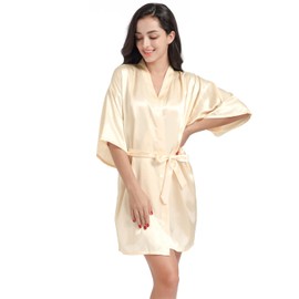 Prohonbec Women's Satin Kimono Bridal Bathrobe with Golden Glitter, Belt for Wedding Party, Bridal Day Dressing Gown, Champagne Bride