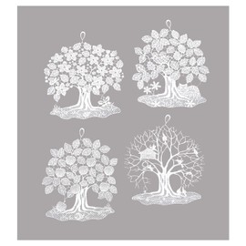 Set of 4 Window Stickers Four Seasons Trees High-Quality Window Decoration Made of Delicate Plauen Lace in White 15 x 17 cm