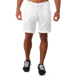 YAOBAOLE Cotton Linen Shorts Men's Shorts Drawstring Elastic Waist Men Shorts with Pockets White 2XL