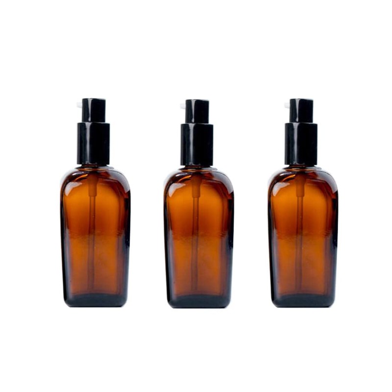 3PCS Amber Square Glass Lotion Bottle Refillable Pump Bottles Travel