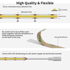 PAUTIX COB LED Strip Light 2700K DC12V,18ft/5.5m Warm White LED Tape Lights for Kitchen Home DIY Lighting Projects with 1pcs Connector Extension Wire(Power Supply Not Included)