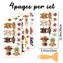 BEUNITONE 4 Sheets Highland Cow Rub on Transfers for Crafts Farmhouse Sunflower Furniture Transfer Stickers for Wood Cute Animal Floral Furniture Decals for Home Office Paper Wood DIY Crafts 6"x12"
