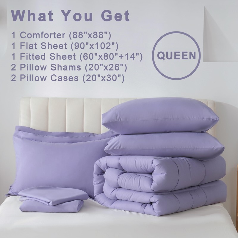 DOWNCOOL Queen Comforter Set, 7Pcs Bedding Sets Queen Purple, All