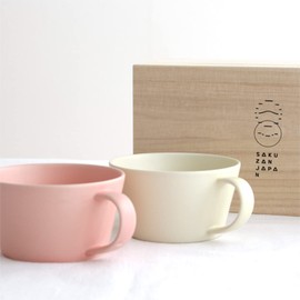 SAKUZAN Sara Soup Cup Stylish Set, Pair in Wooden Box, Gift, Mino Ware, Made in Japan (Cream x Gray)