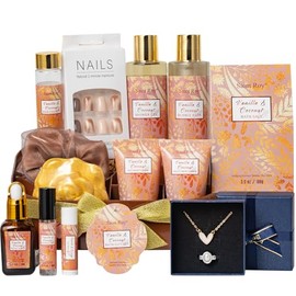 Regalos de lujo para mujeres, 16 piezas de regalos de spa para mujer con fragancias de coco y vainilla, kit de cuidado de la piel, kit facial con crema de día, crema de noche, set de cuidado de la
