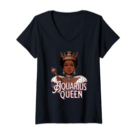 Womens Aquarius AF Vibes Queen Energy Zodiac Regal Afro Crown V-Neck T-Shirt