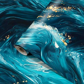 HOMETITUTE Ocean Wave Peel Stick Wallpaper 15.7x39.4 Blue Green Fluid Art
